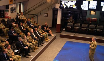 Army Gen. Bryan Fenton, commander of U.S. Special Operations Command, briefs Paraguayan President Mario Abdo Benítez at SOCOM headquarters.
