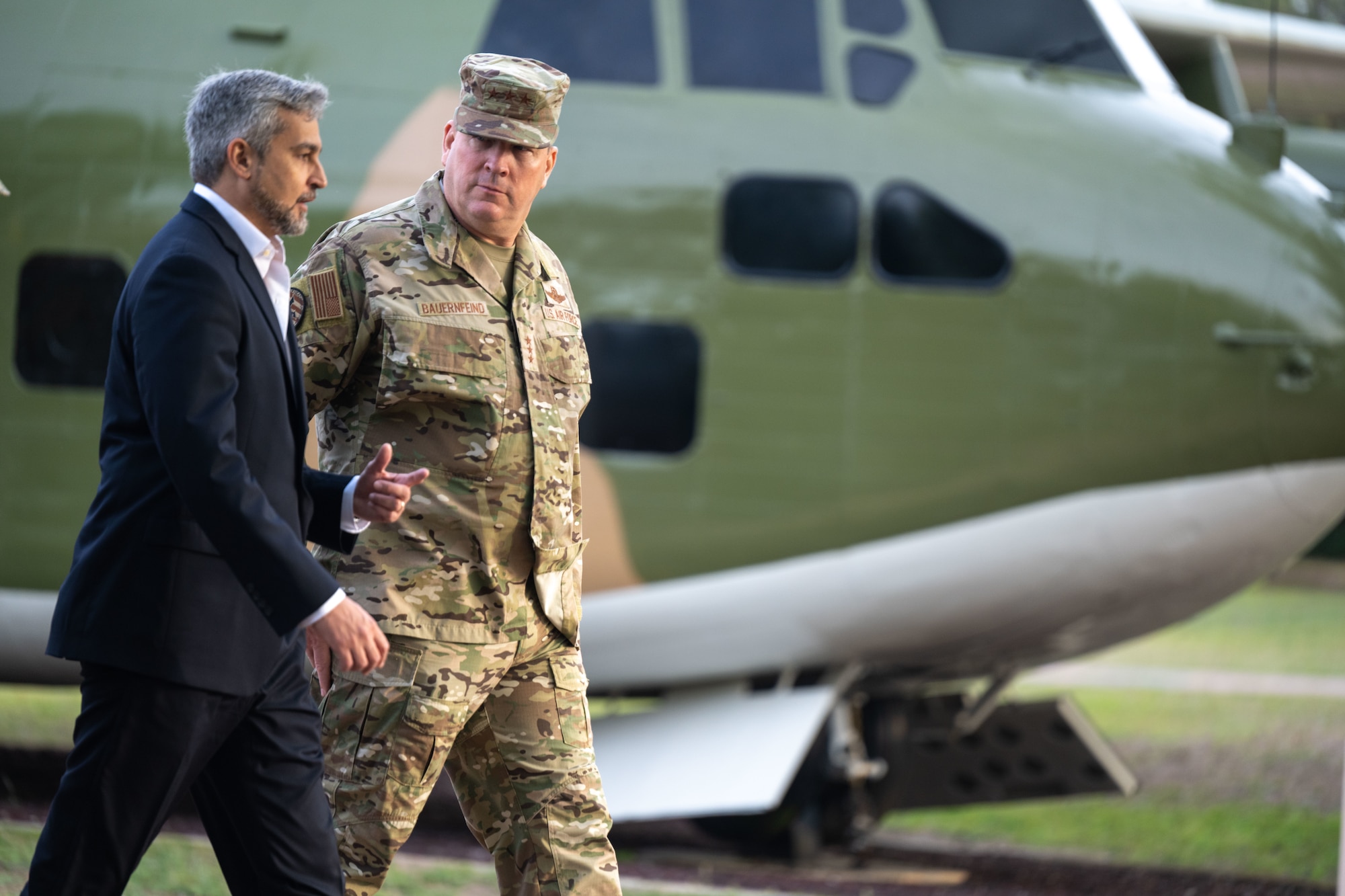 President Mario Abdo Benítez of the Republic of Paraguay tours the Hurlburt Field Memorial Air Park with Lt. Gen. Tony D. Bauernfeind, commander of Air Force Special Operations Command Hurlburt Field, Fla., March 31, 2023.