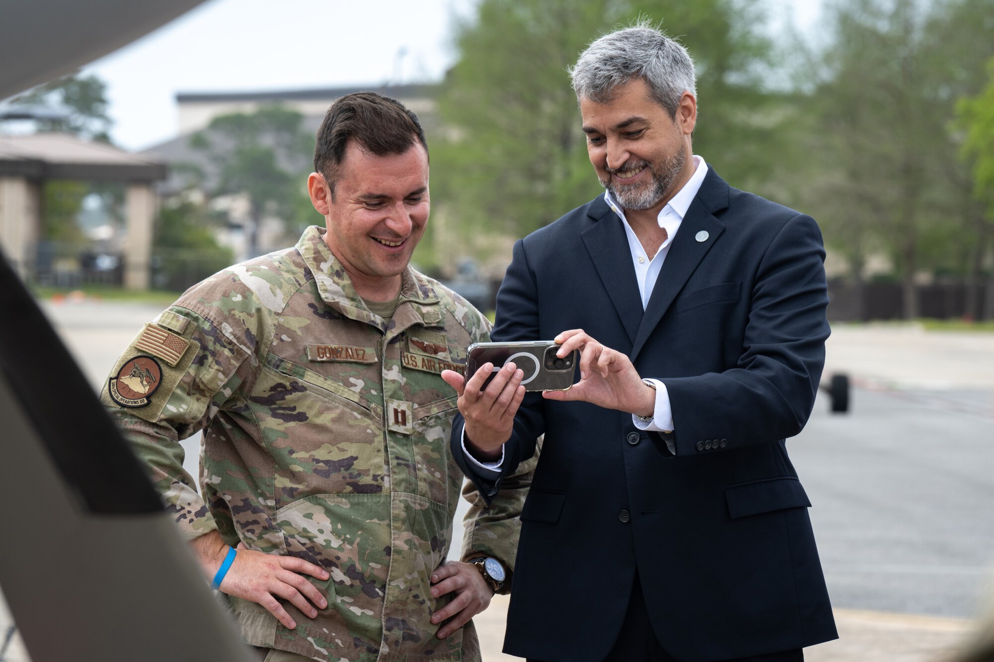 President Mario Abdo Benítez of the Republic of Paraguay views a PC-12 static display while Capt. Luiz Gonzalez, 34th Special Operations Squadron, explains the aircraft’s mission at Hurlburt Field, Fla., March 31, 2023.