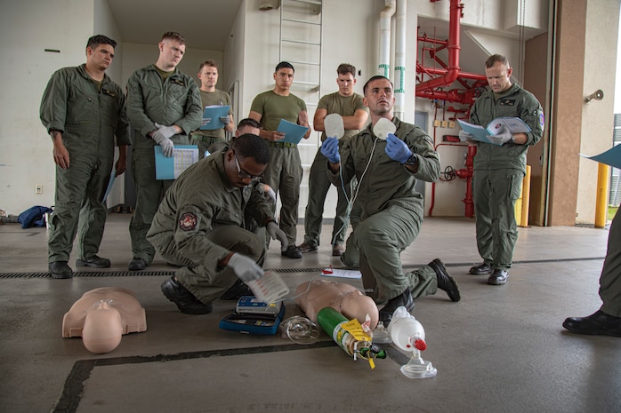 U.S. Marine Corps Gunnery Sgt. David Waterfield, a training officer with Aircraft Rescue Firefighting, Marine Corps Air Station Kaneohe Bay, instructs students on medical response techniques during an emergency medical responder course, Marine Corps Base Hawaii, March 22, 2023. This is the first EMR course in the Marine Corps, and the MCAS ARFF is the first and only unit in the Marine Corps to be recognized by the National Registry of Emergency Technicians to create its own Emergency Medical Services program. (U.S. Marine Corps photo by Cpl. Holly Moore)