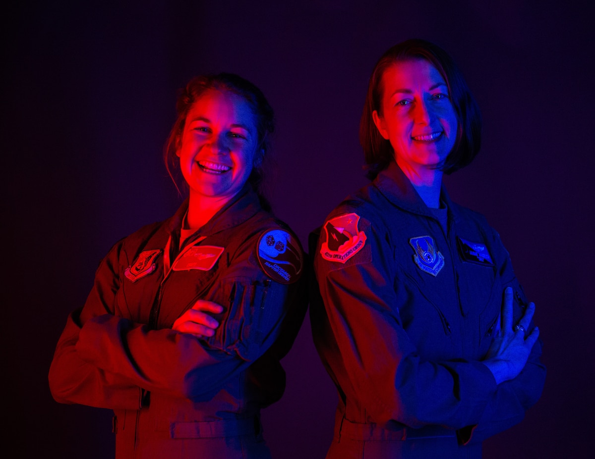 U.S. Air Force Reserve Col. Jammie Jamieson, right, F-22 Raptor pilot and Capt. Elizabeth Pennell, left, F-22 Raptor pilot assigned to the 90th Fighter Squadron, pose for a portrait during National Women’s History Month on March 10, 2023, at Joint Base Elmendorf-Richardson, Alaska. National Women’s History Month is celebrated every March and is designated with a presidential proclamation. (U.S. Air Force photo by Maria Galvez)
