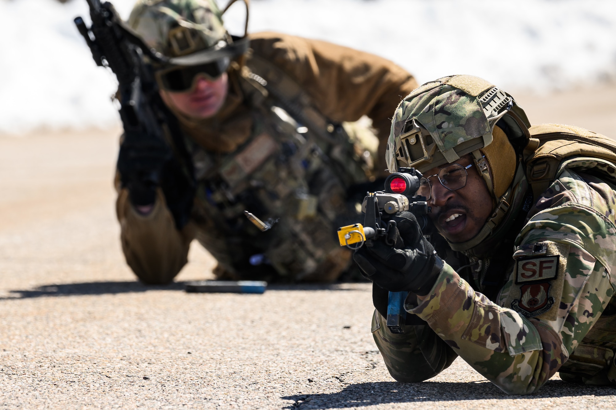 Staff Sgt. Dante Jackson, 75th Security Forces Squadron, engages opposing forces during a training exercise at Hill Air Force Base, Utah, March 28, 2023. The squadron conducted a series of near-peer adversary field training exercises in the Base Operations Readiness Area from March 18-28. (U.S. Air Force photo by R. Nial Bradshaw)