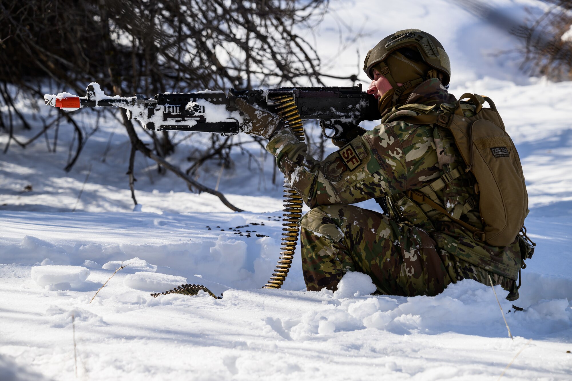 Airman 1st Class William McKinney, 75th Security Forces Squadron, searches for opposing forces during a training exercise at Hill Air Force Base, Utah, March 28, 2023. The squadron conducted a series of near-peer adversary field training exercises in the Base Operations Readiness Area from March 18-28. (U.S. Air Force photo by R. Nial Bradshaw)