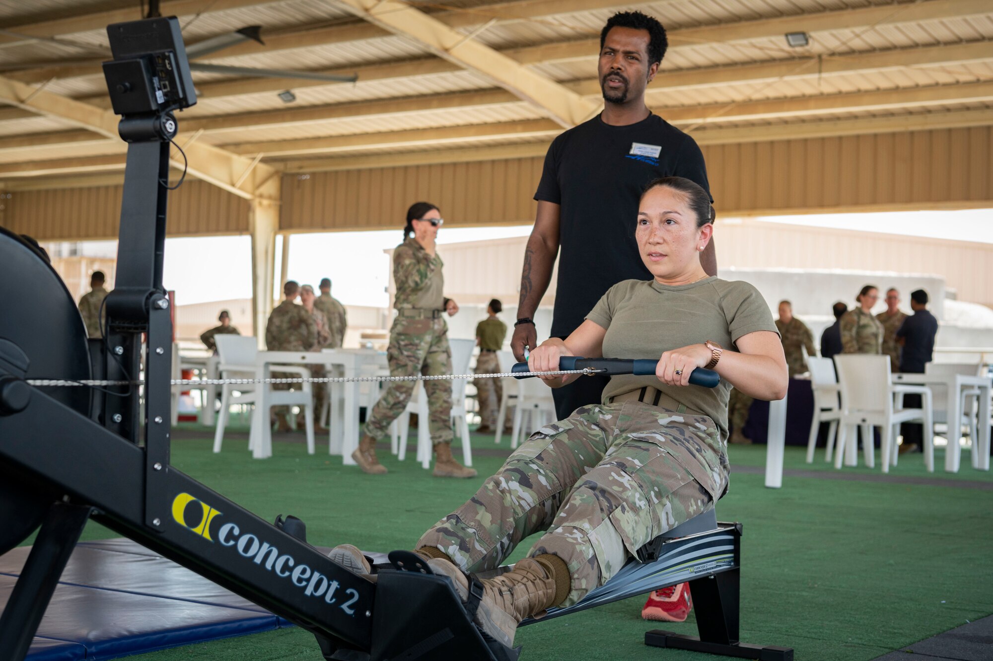 U.S. Air Force Maj. Megan Nguyen, a 386th Expeditionary Medical Squadron mental health specialist, competes in a physical fitness competition during a health fair at Ali Al Salem Air Base, Kuwait, April 27, 2023.