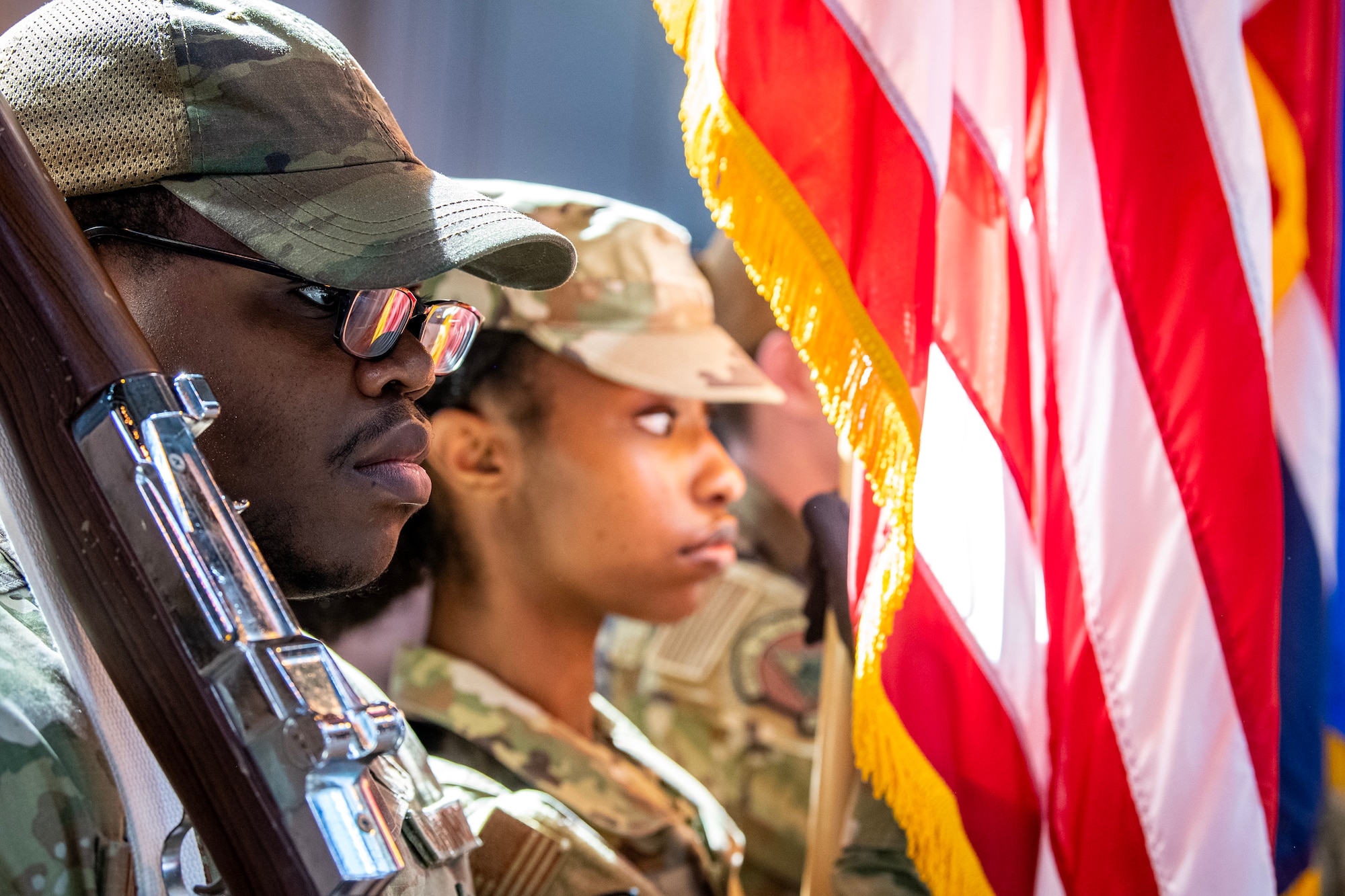 Airmen from the 423d Air Base Group Honor Guard stand at attention at RAF Alconbury, England, April 21, 2023. In order to become HG members, Airmen must complete rigorous initial training to ensure they are qualified to render military honors. (U.S. Air Force photo by Staff Sgt. Eugene Oliver)