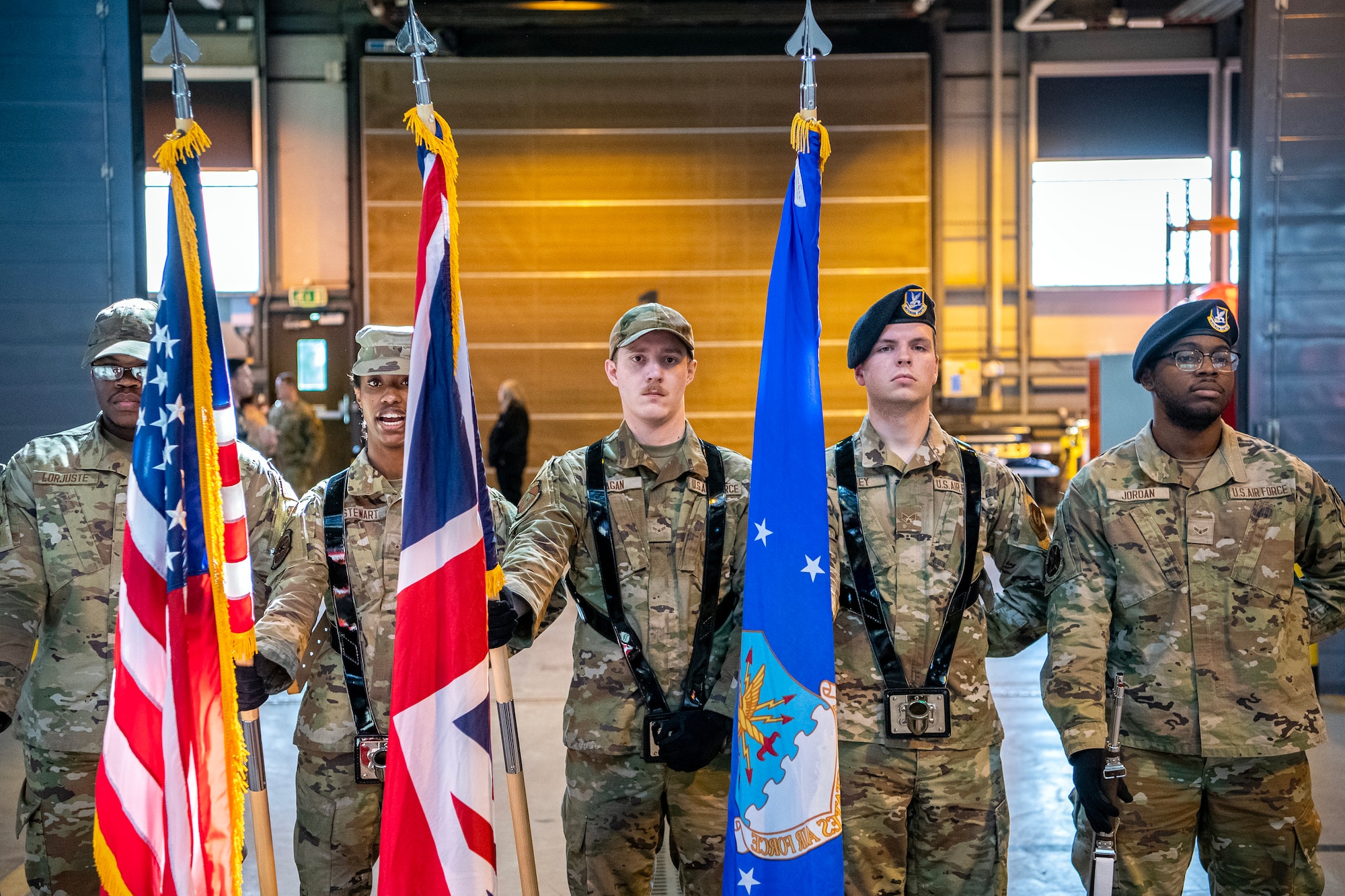 Airmen from the 423d Air Base Group Honor Guard, stand at ease during training at RAF Alconbury, England, April 21, 2023. In order to become HG members, Airmen must complete rigorous initial training to ensure they are qualified to render military honors. (U.S. Air Force photo by Staff Sgt. Eugene Oliver)