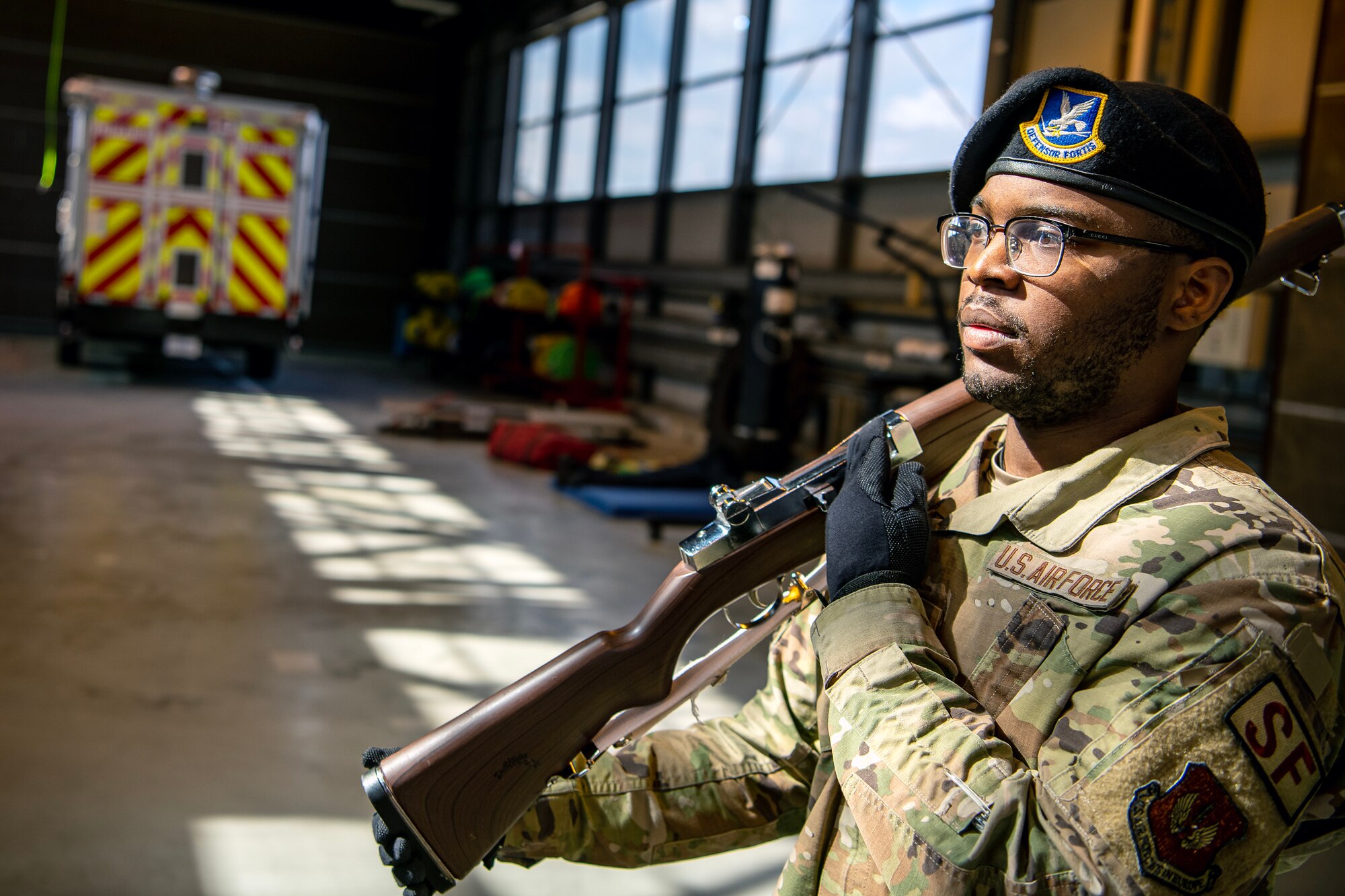 U.S. Air Force Airman 1st Class Michael Jordan, 423d Air Base Group Honor Guard team member, practices rifle maneuvers at RAF Alconbury, England, April 21, 2023. In order to become HG members, Airmen must complete rigorous initial training to ensure they are qualified to render military honors. (U.S. Air Force photo by Staff Sgt. Eugene Oliver)