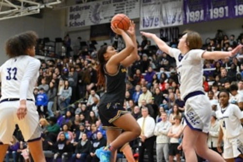 Girl takes a shot with a basketball