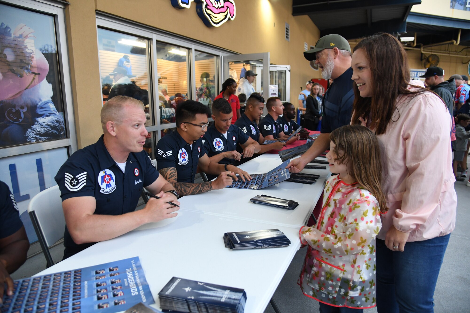 Guests attend the Thunderbird meet and greet at the Biloxi Shuckers baseball game in Biloxi, Mississippi, April 29, 2023.