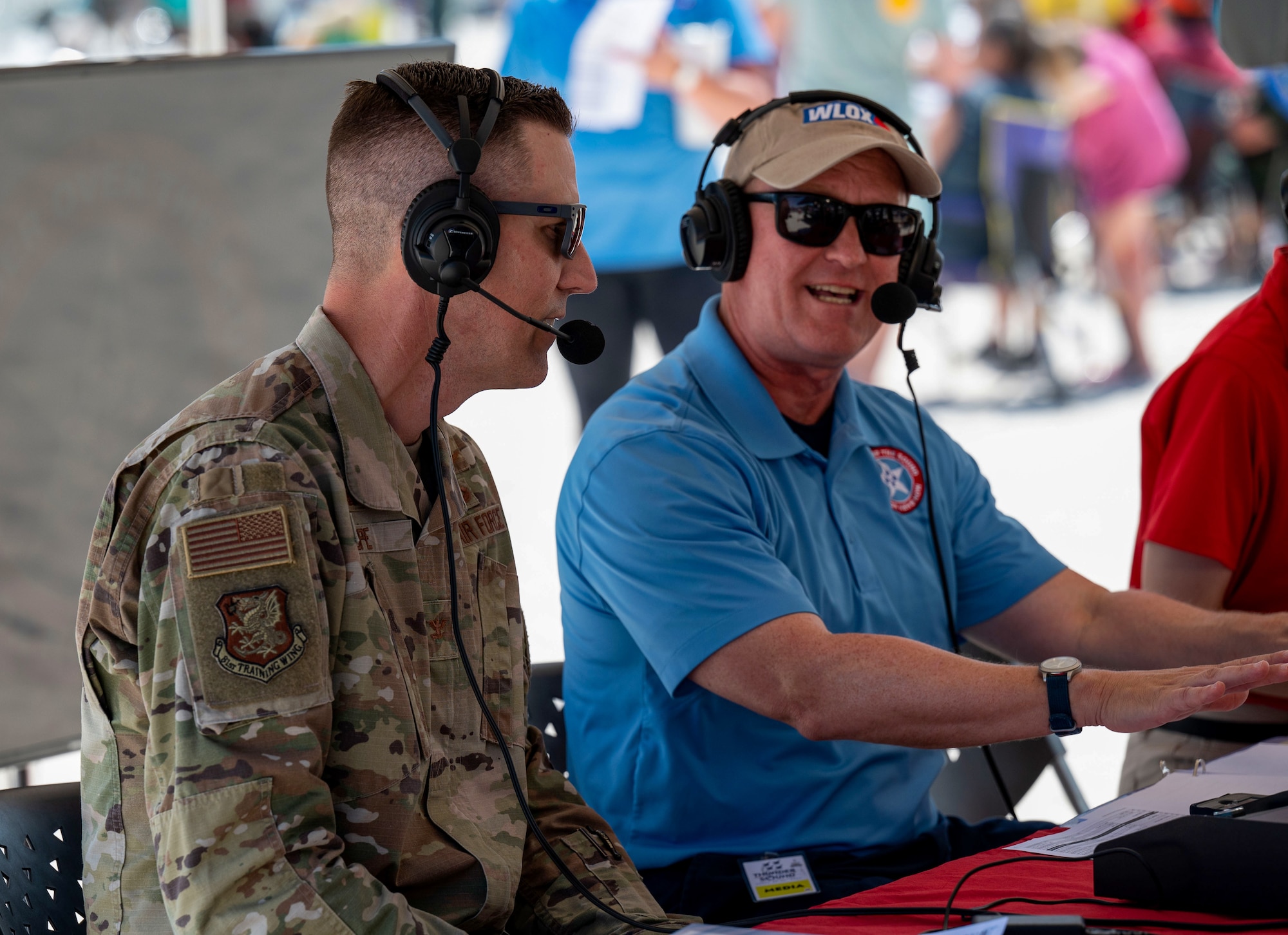 U.S. Air Force Col. Billy Pope, 81st Training Wing commander, participates in a WLOX-13 live broadcast of the 2023 Thunder Over the Sound Air and Space Show in Biloxi, Mississippi, April 29, 2023.