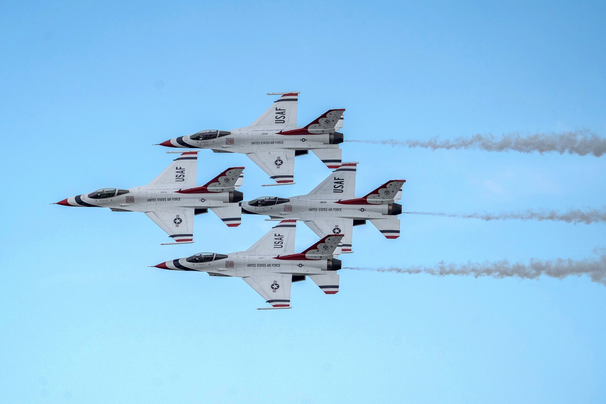 The Thunderbirds fly in diamond formation during the 2023 Thunder Over the Sound Air and Space Show in Biloxi, Mississippi, April 29, 2023.