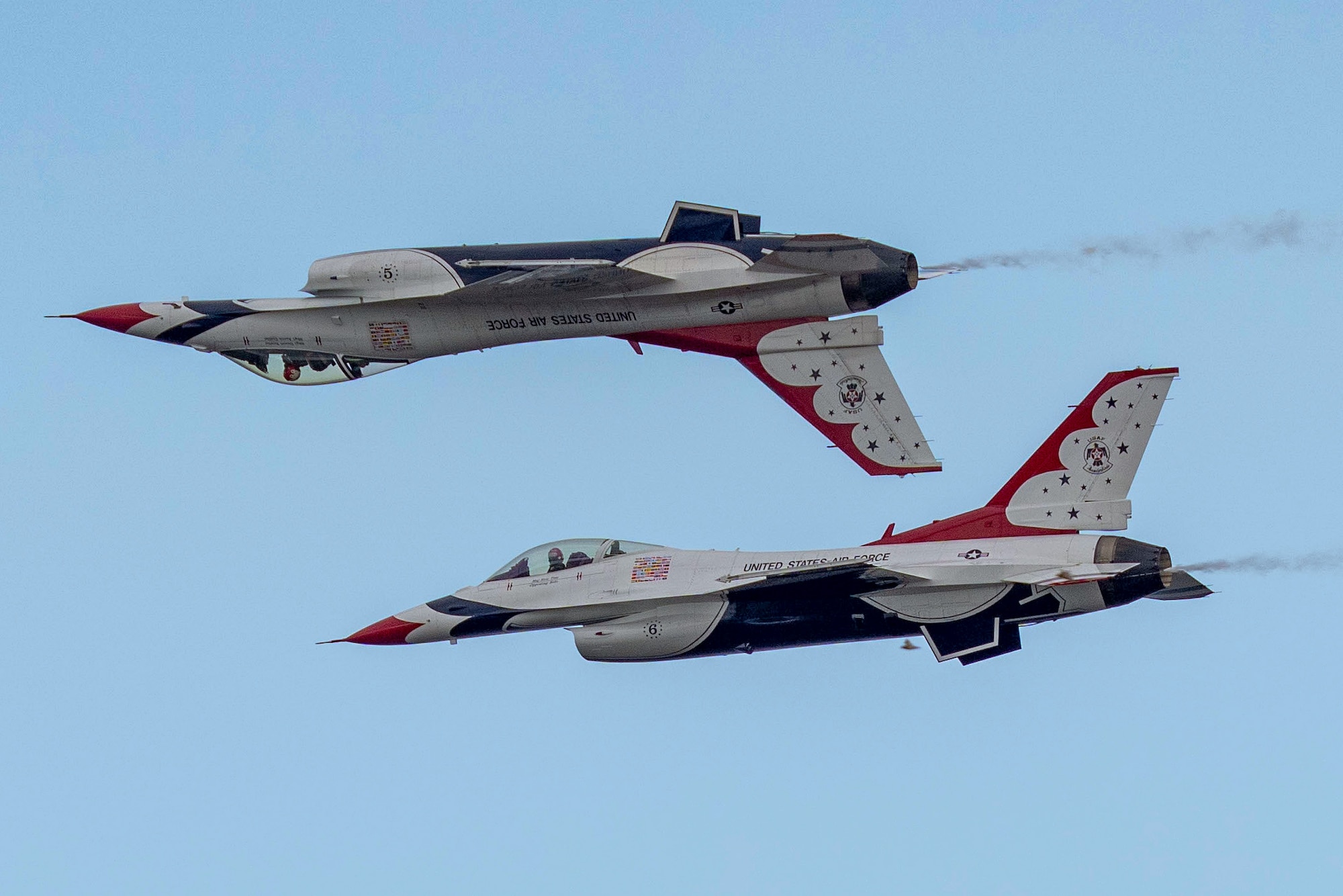 Thunderbirds 5 and 6 perform the knife edge pass during the 2023 Thunder Over the Sound Air and Space Show in Biloxi, Mississippi, April 29, 2023.
