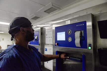 230425-N-JB475-1005
Hospital Corpsman 2nd Class Deandre Mckenzie, a native of Enterprise, Alabama, sanitizes surgical equipment in a medical-grade sanitizer aboard USS Boxer (LHD 4). Boxer is a Wasp-class amphibious assault ship homeported in San Diego. (U.S. Navy photo by Mass Communication Specialist 2nd Class Roland Ardon)