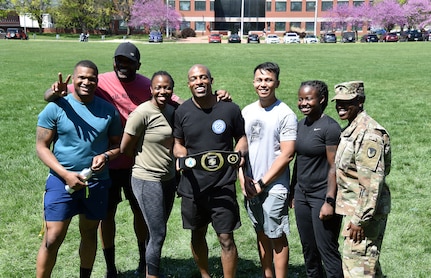 Members of U.S. Army Medical Logistics Command and U.S. Army Medical Materiel Agency took first place in Fort Detrick’s SHARP Challenge, winning the coveted championship belt April 12, 2023, on Blue and Gray Field. The event put teams through an obstacle course while testing their knowledge on the Army’s SHARP program.