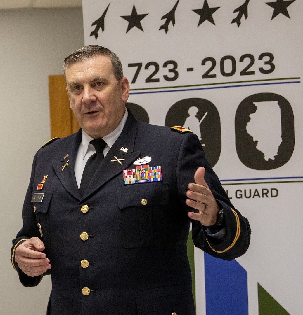 Col. Lenny Williams, Chief of Staff, Illinois Army National Guard, talks about the Illinois National Guard’s 300th birthday and its shared history with the village of Cerro Gordo, Illinois, during a presentation at the Cerro Gordo board meeting, April 17.