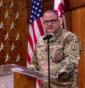 Command Sgt. Maj. Jonathan Genisio, of Orion, Illinois, delivers brief remarks during the 129th Regiment (Regional Training Institute) change of responsibility ceremony April 23 at the Illinois Military Academy, Camp Lincoln, Springfield, Illinois.