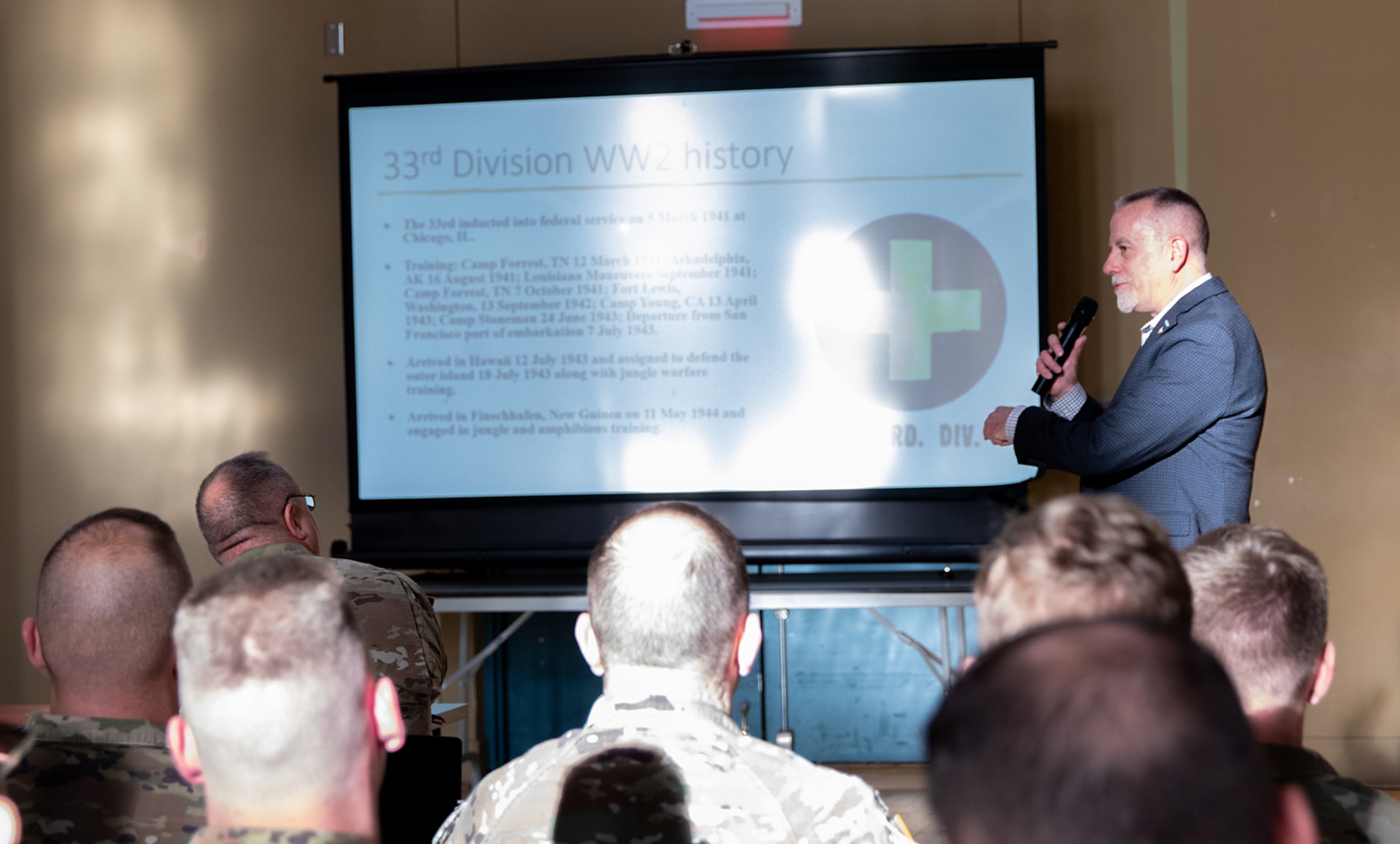 Command Sgt. Maj. (ret.) Mark Bowman talks about the history of the 33rd Division during World War II, during the Liberation of Baguio commemoration event at the Urbana Armory April 26.