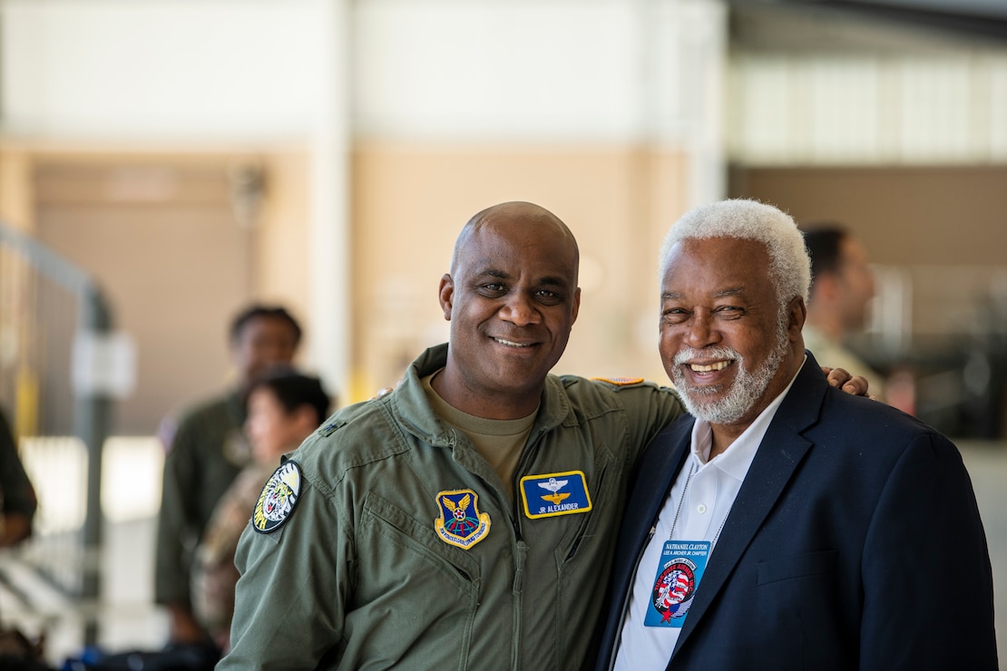 From left, Brig. Gen. Jeffrey R. Alexander, director of Air Force Global Strike Command A5/A8 Strategic Plans, Program and Requirements, Chief of Staff of the Michigan Air National Guard, and recipient of the 2023 Black Engineer of the Year award, and Nathaniel Clayton, Lee A. Archer Chapter of Tuskegee Airmen Inc. president, pose for a photo together during a Project Tuskegee, Aviation Inspiration Mentorship event at Travis Air Force Base, California, April 28, 2023. More than 400 students from the surrounding schools and universities attended an aviation-focused event with opportunities to learn from Airmen and discuss career prospects as well as tour a B-1B Lancer from Ellsworth AFB and a C-5M, C-17 Globemaster III and KC-10 from Travis AFB. (U.S. Air Force photo by Nicholas Pilch)