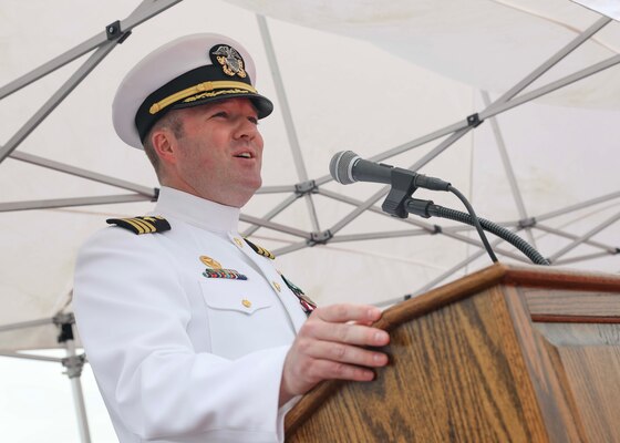 Cmdr. Matthew Hays speaks to crew members and visitors during a change-of-command ceremony aboard the Arleigh Burke-class guided missile destroyer USS Milius (DDG 69). During the ceremony, Hays was relieved as Milius’ commanding officer by Cmdr. Leif Gunderson. Milius is assigned to Commander, Task Force 71/Destroyer Squadron (DESRON) 15, the Navy’s largest forward-deployed DESRON and the U.S. 7th Fleet’s principal surface force.