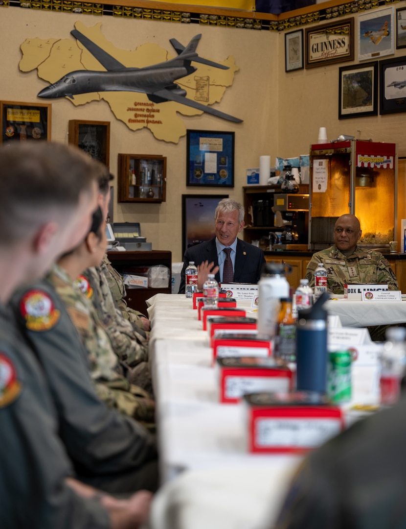 Mr. Lance Fritz, U.S. Strategic Command and Consultation Committee member, and Gen. Anthony Cotton, U.S. Strategic Command commander, meet with members of the 37th Bomb Squadron prior to presenting them the Omaha Trophy on at  Ellsworth Air Force Base, South Dakota, April 21, 2023. The Omaha Trophy is awarded annually to the military units that demonstrate the highest performance standards in USSTRATCOM’s four mission areas, including strategic bomber operations. (U.S. Air Force photo by Senior Airman Alexis M. Morris)