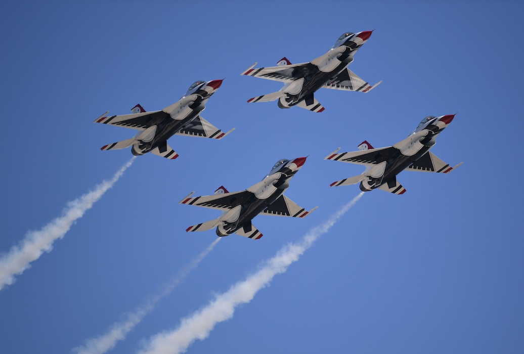 The Thunderbirds perform during the 2023 Thunder Over the Sound Air and Space Show at Biloxi, Mississippi, April 30, 2023.