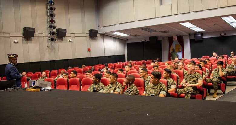 The Atlanta Chapter 5 and Warner Robins Chapter 35 visited Marine Corps Logistics Base Albany, May 1. 
Marines gathered at the Base Theater for a history lesson and to hear motivational stories told by Chapter 35 President Tony Price and Chapter 5 President Johnny Higdon, retired Marine Corps sergeant major.
For more information: https://www.atl-mpma.org/ 
Photos by: Jonathan Wright
