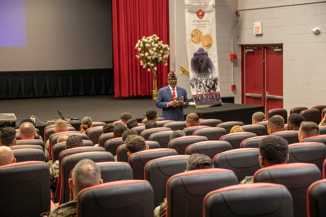 The Atlanta Chapter 5 and Warner Robins Chapter 35 visited Marine Corps Logistics Base Albany, May 1. 
Marines gathered at the Base Theater for a history lesson and to hear motivational stories told by Chapter 35 President Tony Price and Chapter 5 President Johnny Higdon, retired Marine Corps sergeant major.
For more information: https://www.atl-mpma.org/ 
Photos by: Jonathan Wright