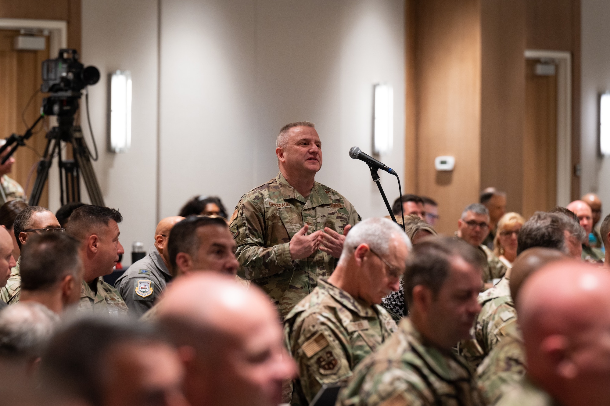 U.S. Air Force Col. Michael Griesbaum, commander, 168th Wing, poses a question for U.S. Army Gen. Daniel Hokanson, chief, National Guard Bureau, during the 2023 Wing Leader Conference in Newport Beach, California, April 26, 2023.