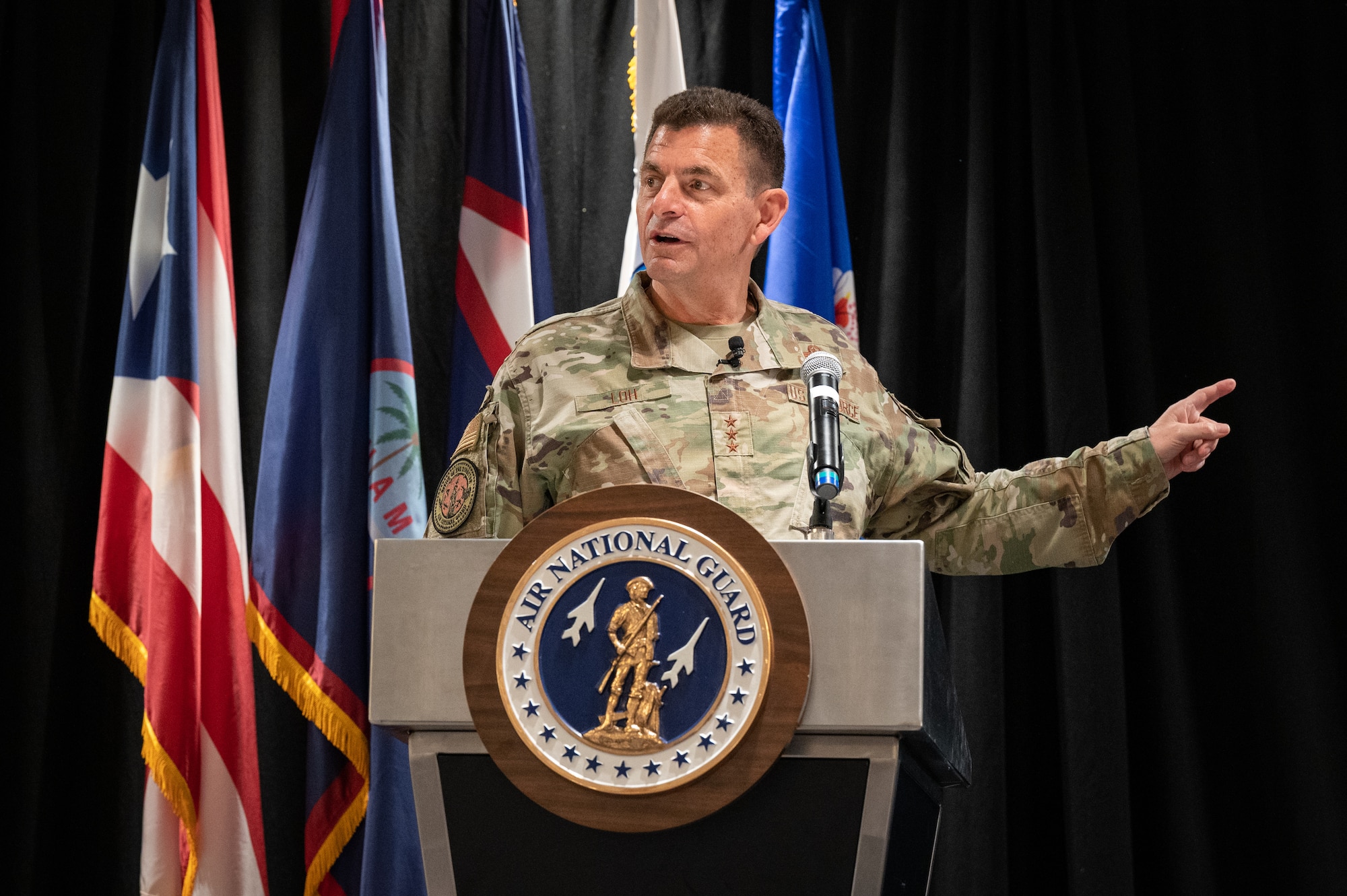 U.S. Air Force Lt. Gen. Michael A. Loh, director, Air National Guard (ANG), discusses critical matters impacting the future of the ANG during the 2023 Wing Leader Conference in Newport Beach, California, April 26, 2023.