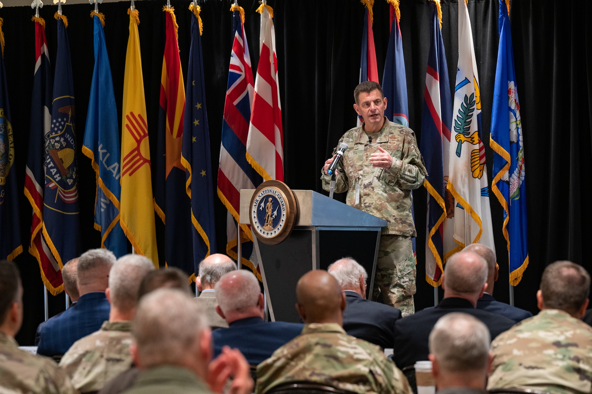 U.S. Air Force Lt. Gen. Michael A. Loh, director, Air National Guard (ANG), discusses critical matters impacting the future of the ANG during the 2023 Wing Leader Conference in Newport Beach, California, April 26, 2023.