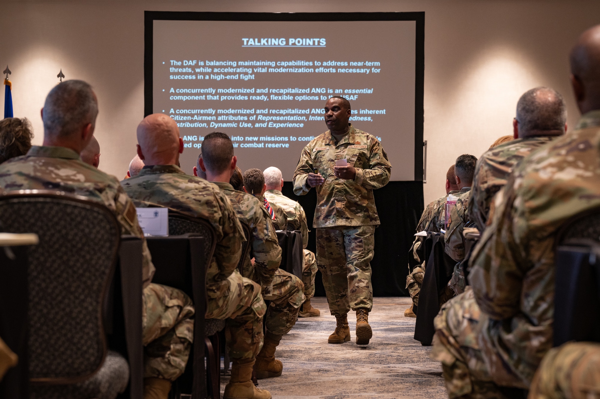 U.S. Air Force Command Chief Master Sgt. Maurice L. Williams, command chief, Air National Guard (ANG), discusses critical matters impacting the ANG with senior enlisted leaders from across the 90 wings, 50 states, 3 territories and the District of Columbia during the 2023 Wing Leader Conference in Newport Beach, California, April 26, 2023.