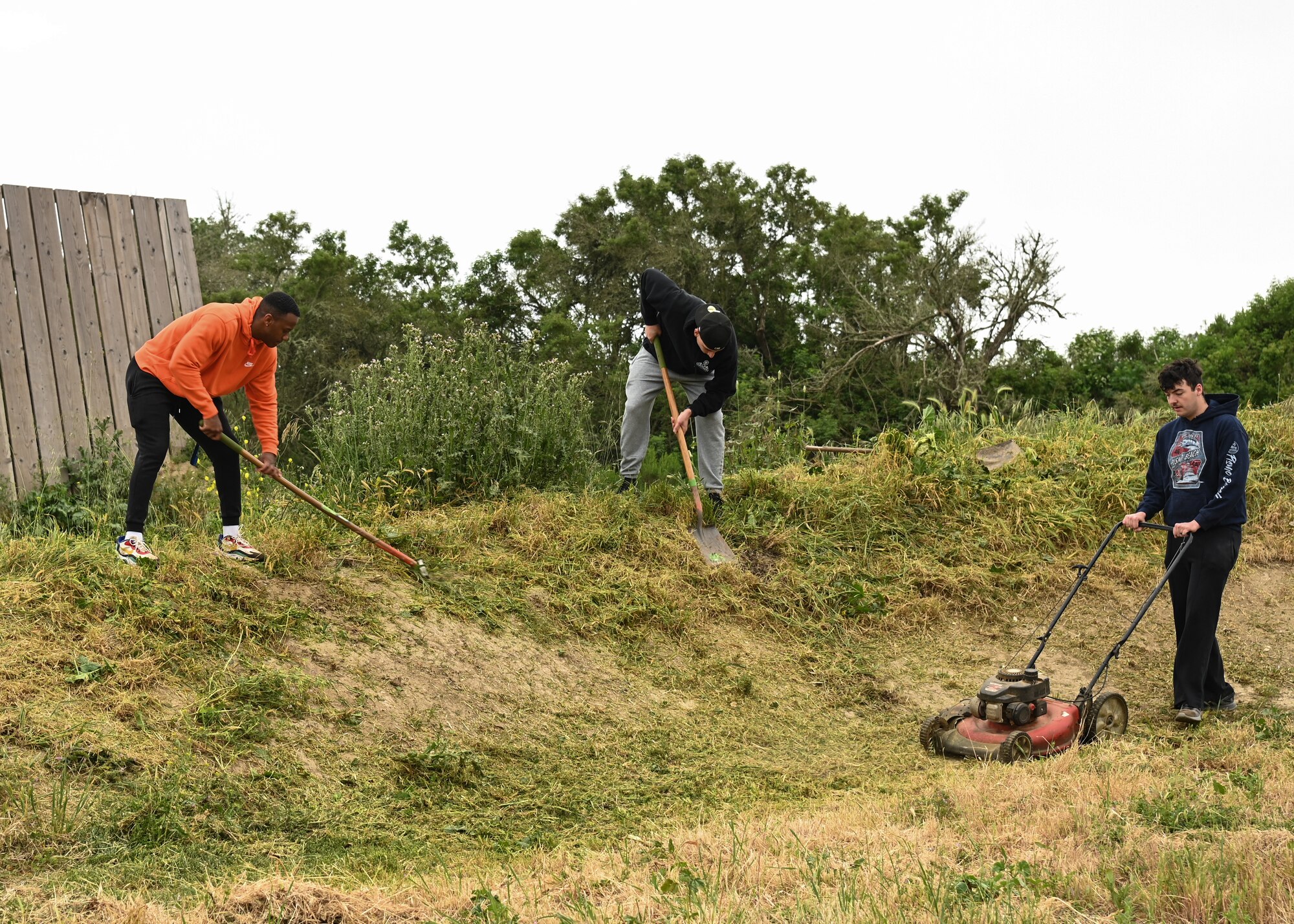 Members of Vandenberg's 30th Civil Engineer Squadron volunteers at the River Bend Bike Park in Lompoc, Calif., April 28, 2023. The members raked, lawn mowed and pulled all unwanted weeds and rocks to help beautify the park. (U.S. Space Force photo by Senior Airman Tiarra Sibley)