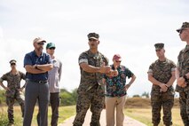 U.S. Marine Corps Col. Speros Koumparakis, commanding officer, Marine Corps Base Hawaii, discusses concerns from community members with elected officials during a tour of Puuloa Range Training Facility, Hawaii, April 17, 2023. The engagement provided MCBH leadership and elected officials an opportunity to discuss the range’s training operations, recent facility changes, environmental stewardship efforts, and future initiatives to mitigate training noise impacts to the neighboring community. (U.S. Marine Corps photo by Cpl. Brandon Aultman)