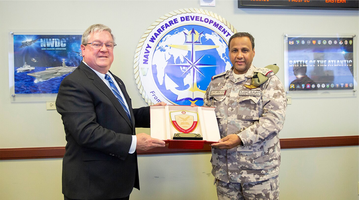 Brigadier General (BG) Abudulla Al-Ammari, Commander, Qatari Armed Forces (QAF) concepts and doctrine center visited NWDC on March 13, 2023. Mr. Michael Durkin, Director, Navy Warfare Development Center, greeted BG Al-Ammari on the Quarterdeck and posed for photos.