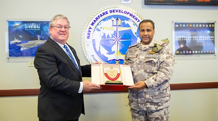 Brigadier General (BG) Abudulla Al-Ammari, Commander, Qatari Armed Forces (QAF) concepts and doctrine center visited NWDC on March 13, 2023. Mr. Michael Durkin, Director, Navy Warfare Development Center, greeted BG Al-Ammari on the Quarterdeck and posed for photos.