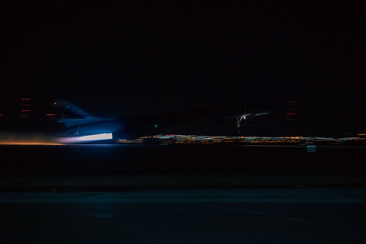 A U.S. Air Force B-1B Lancer  assigned to the 28th Bomb Wing, takes off from Ellsworth Air Force Base, South Dakota, April 12, 2023. Bomber missions provide critical training to U.S. and allied and partner militaries, directly enhancing the U.S. military’s ability to support the Indo-Pacific region. (U.S. Air Force photo by Senior Airman Austin McIntosh)