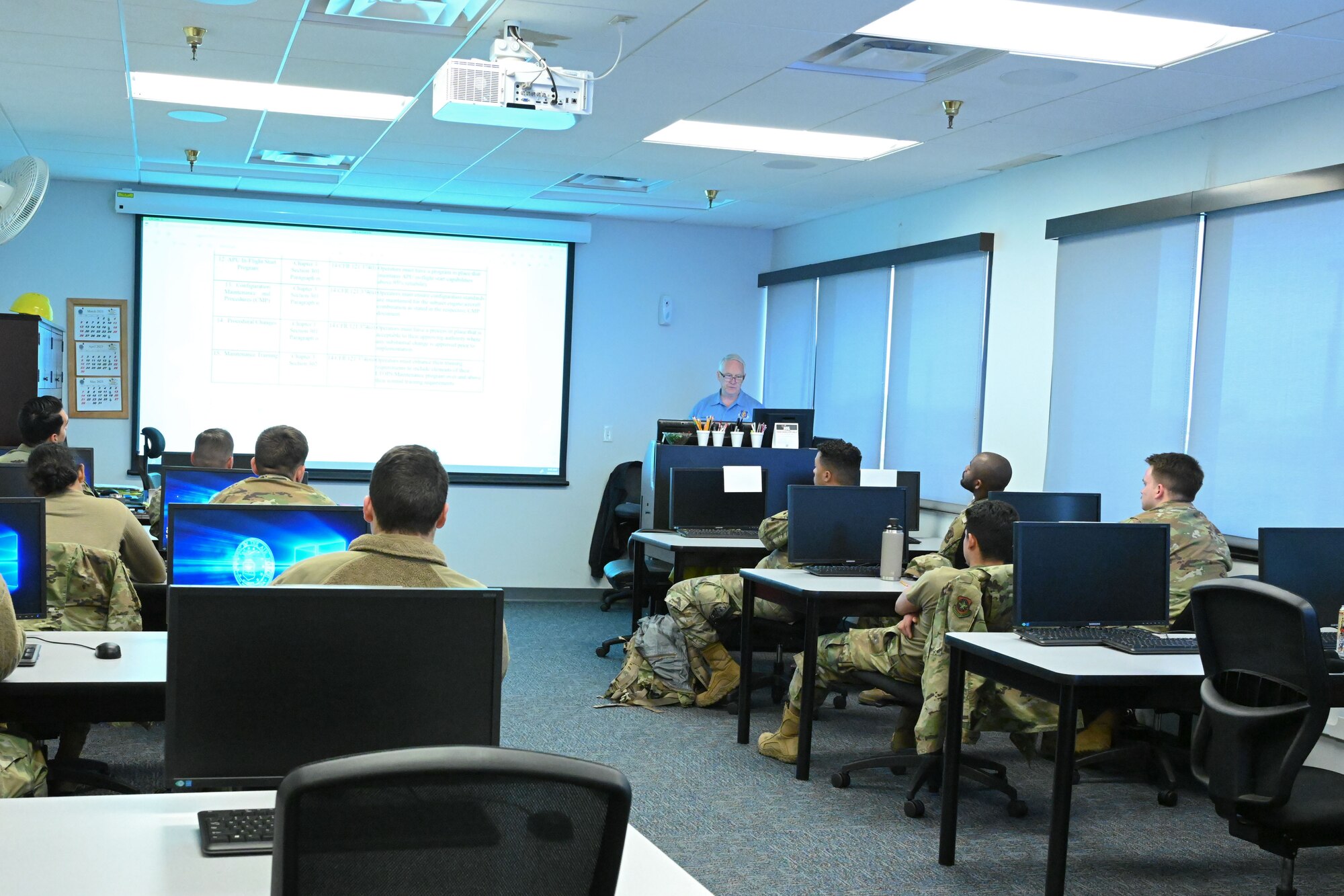 David Dresser, 97th Maintenance Group training instructor, instructs a class of future KC-46 Pegasus maintainers from the 660th Aircraft Maintenance Squadron at Altus Air Force Base (AFB), Oklahoma, April 25, 2023. The training provided maintainers who are familiar with the KC-46 a chance to share both classroom and hands-on training to maintainers from Travis AFB. (U.S. Air Force photo by Airman 1st Class Miyah Gray)