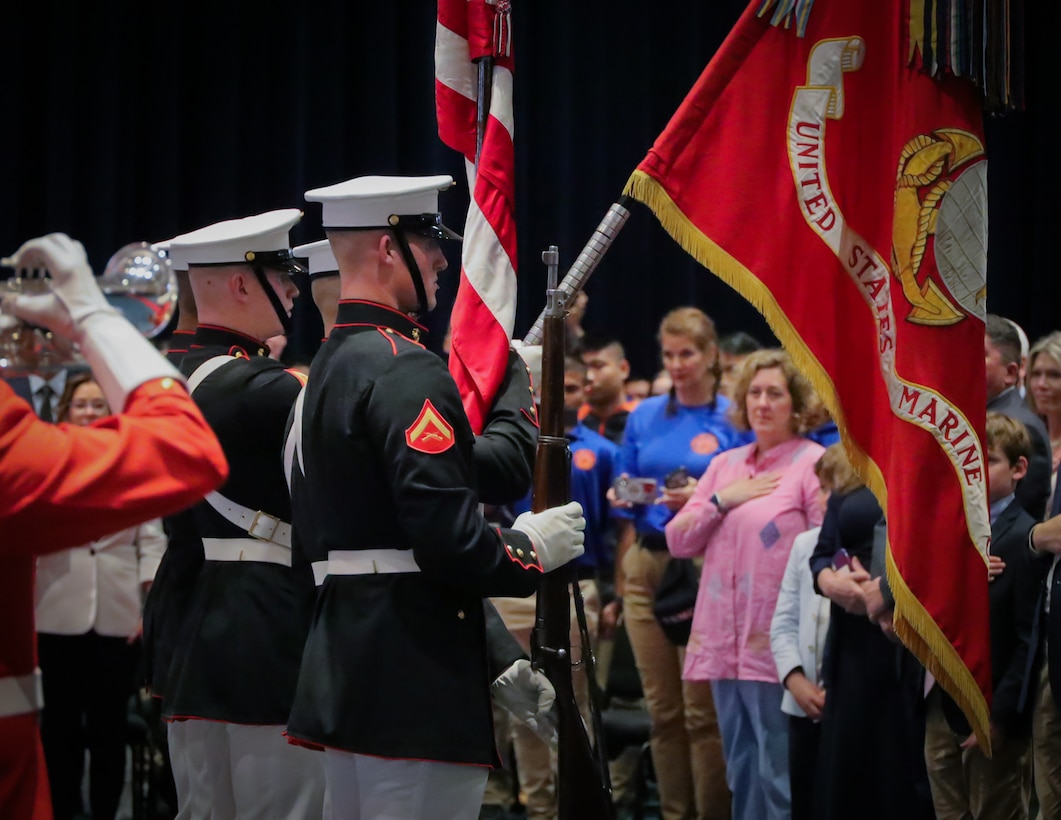Marines with the Official U.S. Marine Corps Color Guard, present the colors during the first parade of the 2023 season at Marine Barracks Washington, D.C., Apr, 28, 2023. The Commanding Officer of Marine Barracks Washington, Col. Robert A. Sucher, was the hosting official, and the 38th Commandant of the Marine Corps, Gen. David H. Berger, was the guest of honor. (U.S. Marine Corps photo by Lance Cpl. Pranav Ramakrishna)