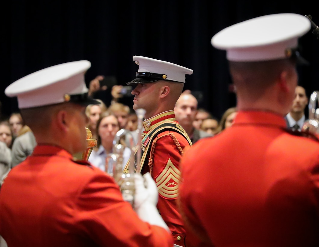 Master Sgt. David A. Cox, assistant drum major, “The Commandant's Own” Drum & Bugle Corps conducts the band during the first parade of the 2023 season at Marine Barracks Washington, D.C., Apr, 28, 2023. The Commanding Officer of Marine Barracks Washington, Col. Robert A. Sucher, was the hosting official, and the 38th Commandant of the Marine Corps, Gen. David H. Berger, was the guest of honor. (U.S. Marine Corps photo by Lance Cpl. Pranav Ramakrishna)