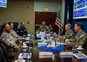 MANAMA, Bahrain (May 2, 2023) Senior military leaders from Qatar, Kuwait and U.S. Naval Forces Central Command meet at U.S. 5th Fleet headquarters in Manama, Bahrain, May 2, 2023.