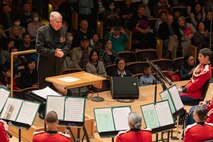 Col. John Bourgeois, 25th Director of "The President's Own" smiles at the Marine Band from the podium during the ensemble's 225th anniversary concert held in North Bethesda, Md. on April 30, 2023.

(U.S. Marine Corps photos by SSgt. Chase Baran/Released)