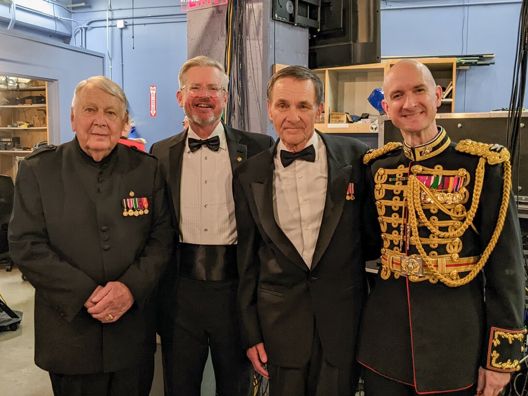 Left to Right: Col. John Bourgeois, Col. Michael Colburn, Col. Timothy Foley and Col. Jason Fettig after the Marine Band's 225th anniversary concert held in North Bethesda, Md. on April 30, 2023.

(U.S. Marine Corps photos by SSgt. Chase Baran/Released)