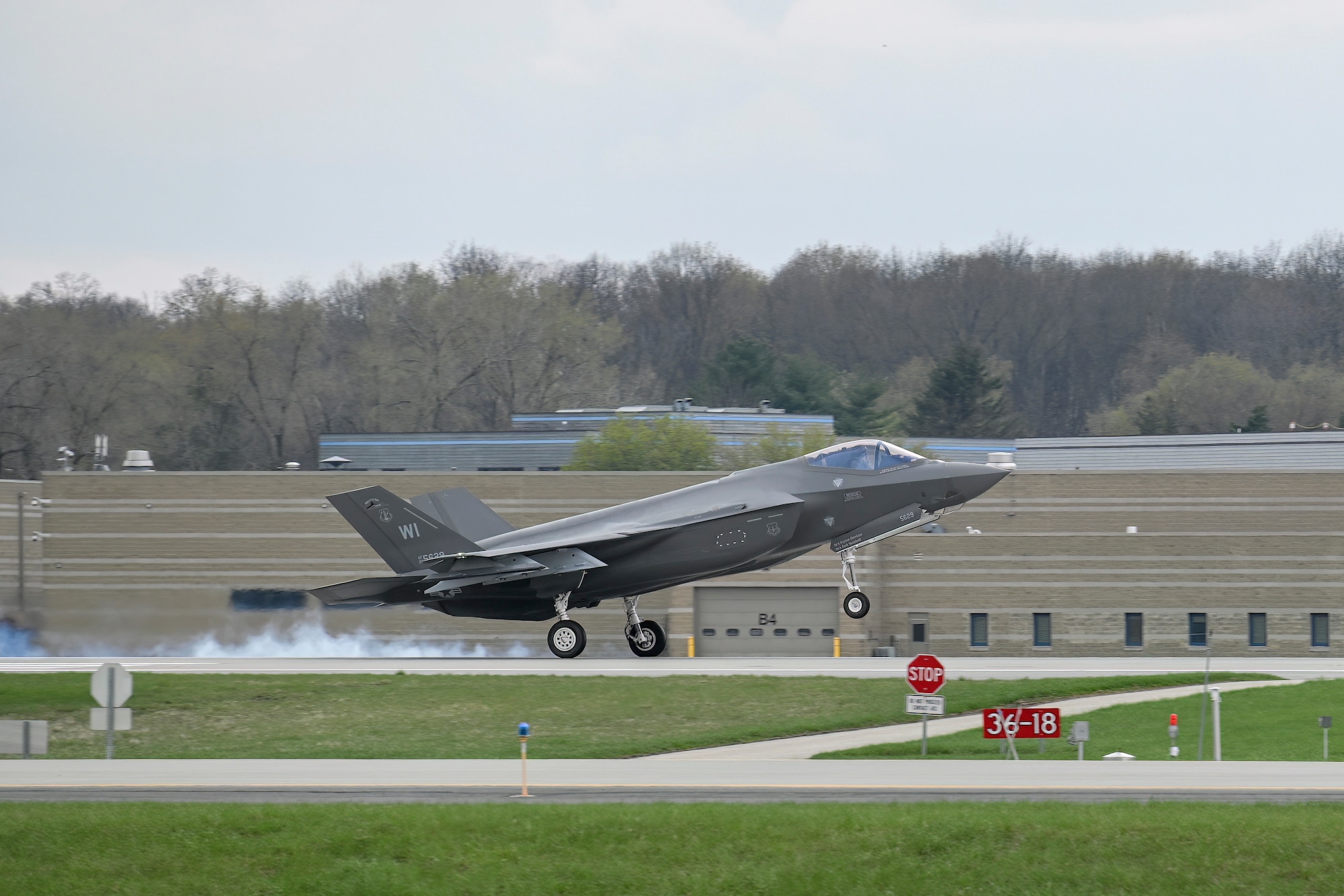 One of three F-35A Lightning II aircraft assigned to the Wisconsin Air National Guard's 115th Fighter Wing arrives at Dane County Regional Airport in Madison, Wisconsin