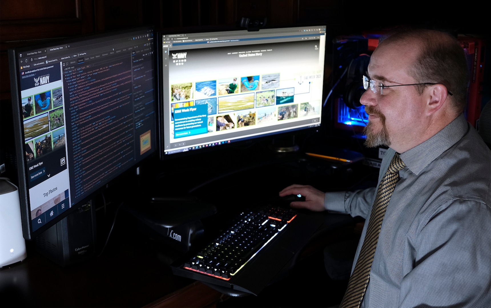 Steve Grever, WEB.mil creative content services contractor, reviews custom code on the U.S. Navy's public website April 25, 2023. Grever is currently assigned to the Navy Chief of Information Office to support the Navy's public web program. (Courtesy photo)