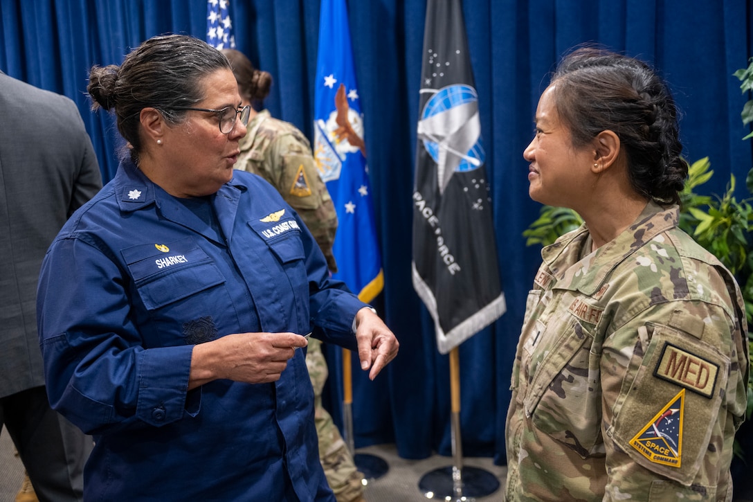 U.S. Coast Guard Cmdr. Lisa Sharkey, commanding officer of Base Los Angeles/Long Beach, speaks on a leadership panel during the Women's History Month event at Los Angeles Air Force Base, March 30, 2023.