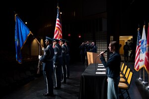 A Peru High School student sings the National Anthem during a military signing day event at the school May 1, 2023. The event highlighted those students who decided to join the military after graduation. and become the next generation of citizen warriors. (U.S. Air Force photo/TSgt. Jami Lancette)