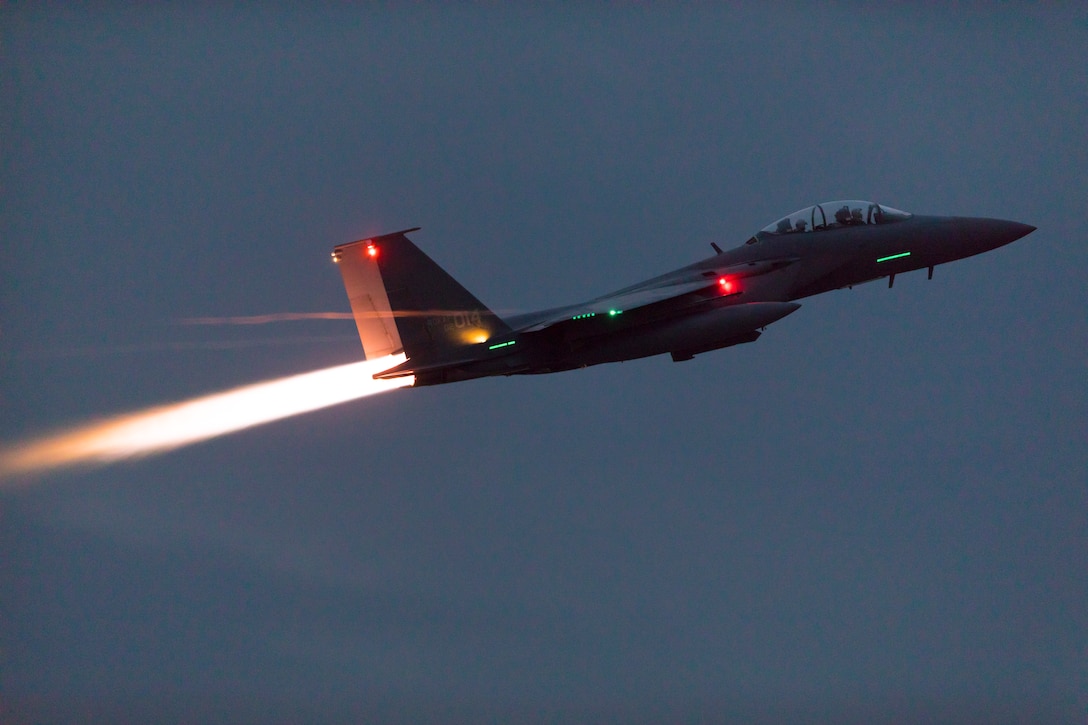 A Republic of Korea Air Force F-15K Slam Eagle aircraft with the 102 Fighter Squadron Daegu, 11 Fighter Wing, takes off from Gwangju Air Base, Republic of Korea, during the Fiscal Year 2023 Korea Flying Training, April 19, 2023. KFT 23 is a combined training event focused on tactical execution of combat missions and is part of the ROK-U.S. alliance's routine, annual training program.