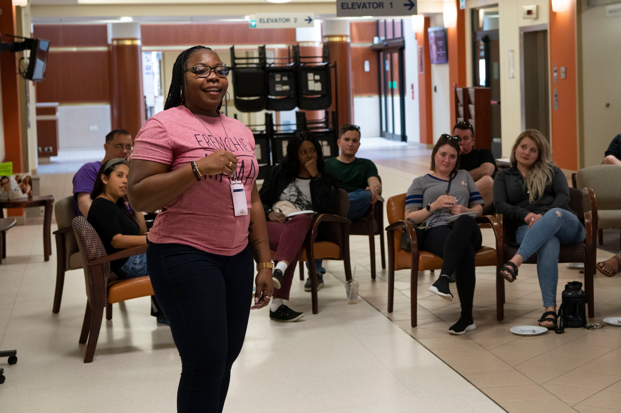 Tech. Sgt. Nicole Orr, 31st Contracting Squadron NCO in charge of contingency operations, exercises and deployments, facilitates a discussion on mental health.