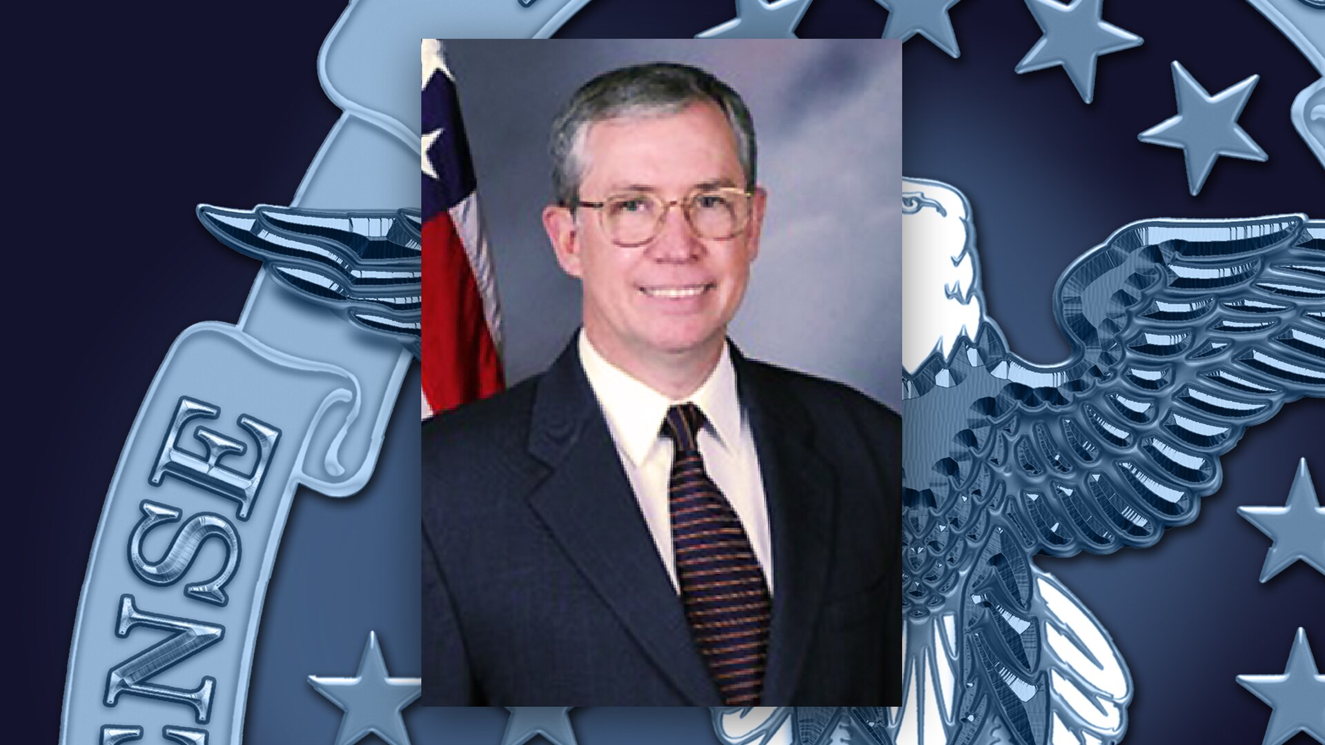 A portrait of David Falvey on a DLA emblem background