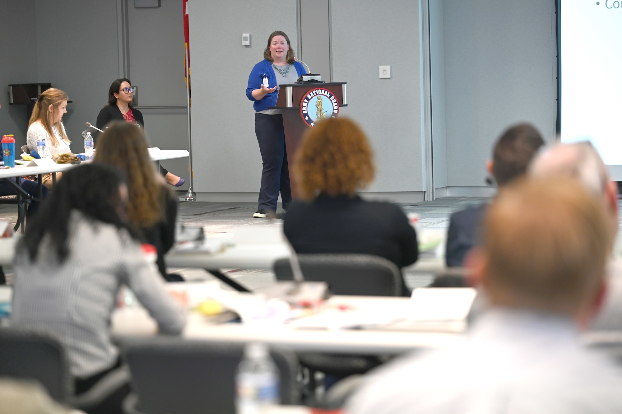 Dr. Elizabeth (Lisa) Carlin, psychologist with the Trauma, Resilience and Education Center-D.C. speaks with Air National Guard Directors of Psychological Health during a DPH training workshop, Arlington, Virginia, April 26, 2023. The ANG DPH hosted event discussed best practices, trends, and changes to ensure the psychological health needs of Guard Airmen and their families are met. (U.S. Air National Guard photo by Master Sgt. David Eichaker)